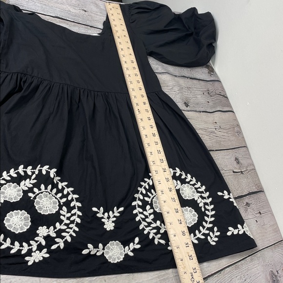 MNG Mango Black Square-Neck Puff Sleeve Mini Dress with White Floral Embroidery - Picture 14 of 16